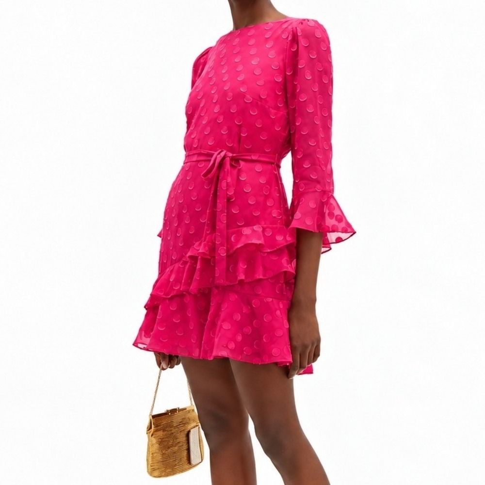 SALONI Pink Marissa Ruffled Polka Dot Silk Blend Mini Dress Chiffon Size 8